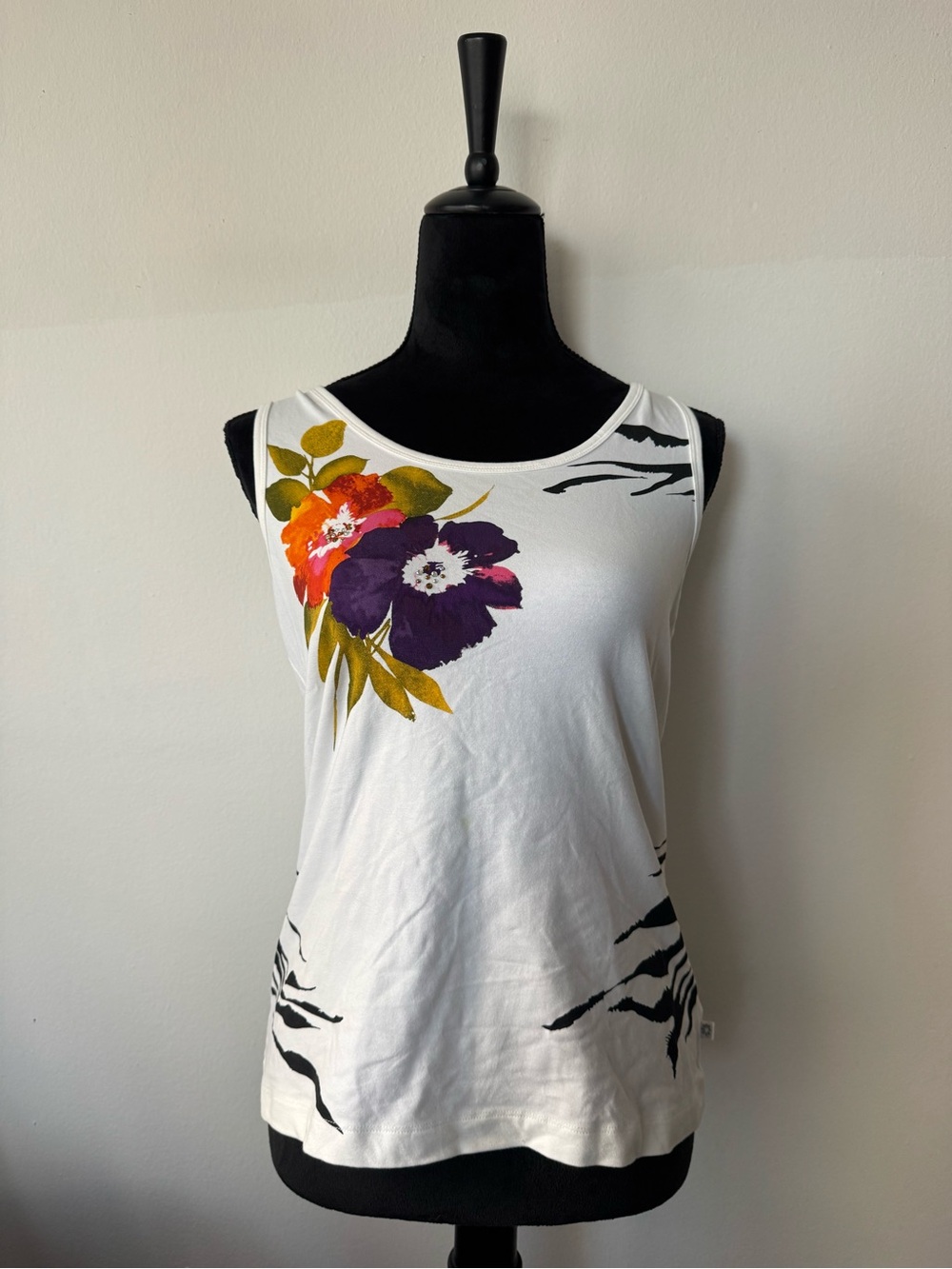 White Floral Sleeveless Tank Top with Purple & Orange Flowers